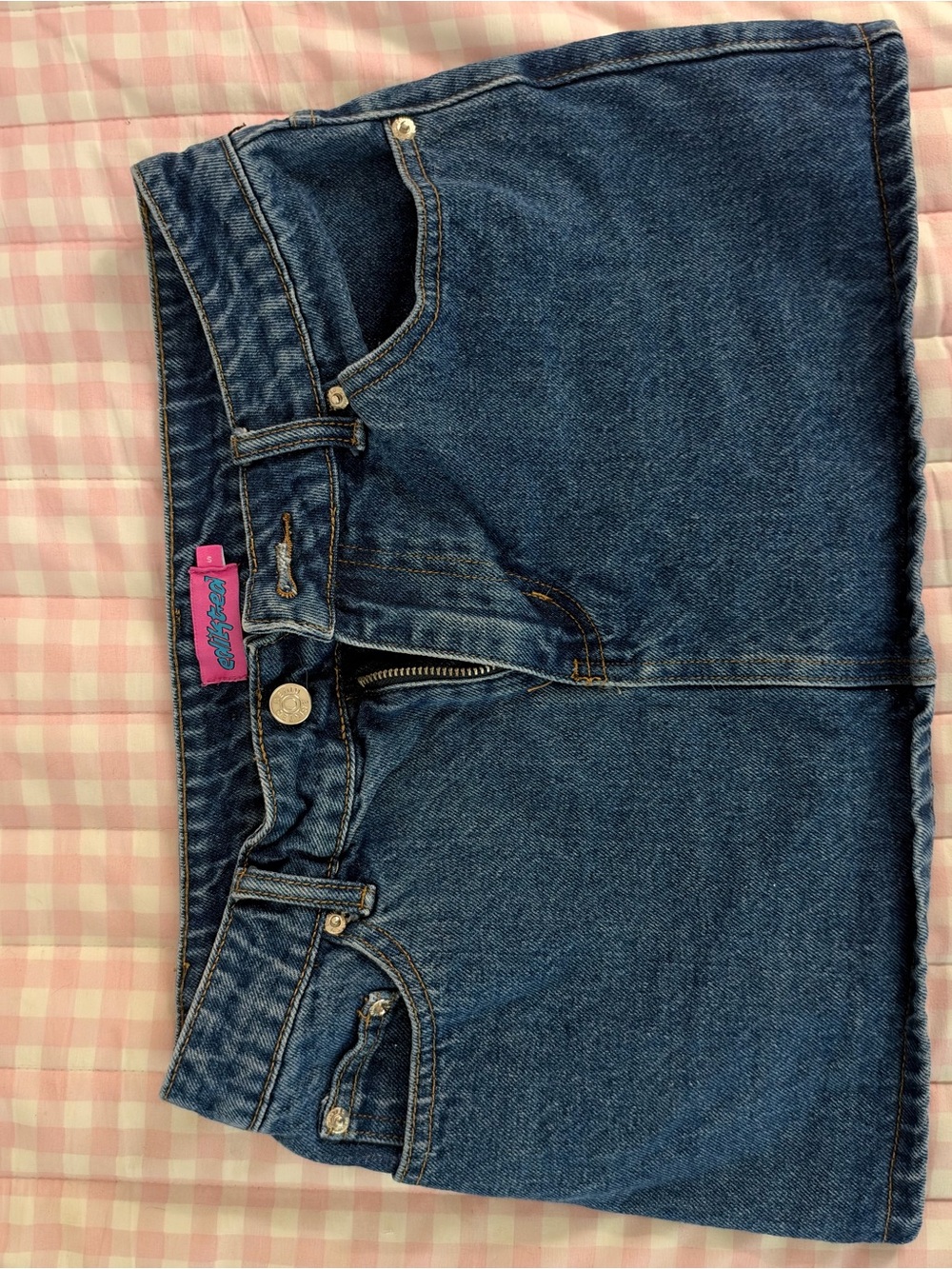 Edikted Blue Denim Mini Skirt with Pink Logo Tab